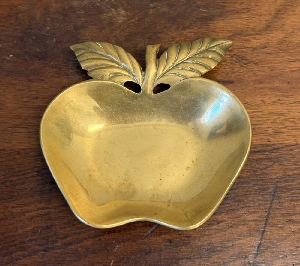 Vintage Solid Brass Apple Trinket Dish Catchall Tray 1970s 5.5"